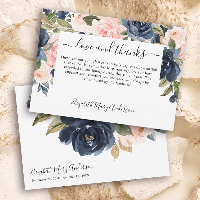 Tack Bereavement Navy Rosa Blommigt Memorial Kort (Skapare uppladdad)