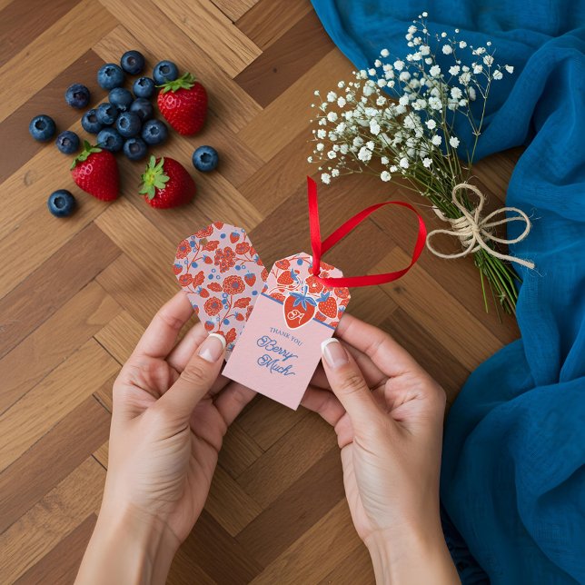 Tack Berry Mycket Blommigt Strawberry Blueberry Presentetikett (Thank You Berry Much Floral Strawberry Blueberry Gift Tags)