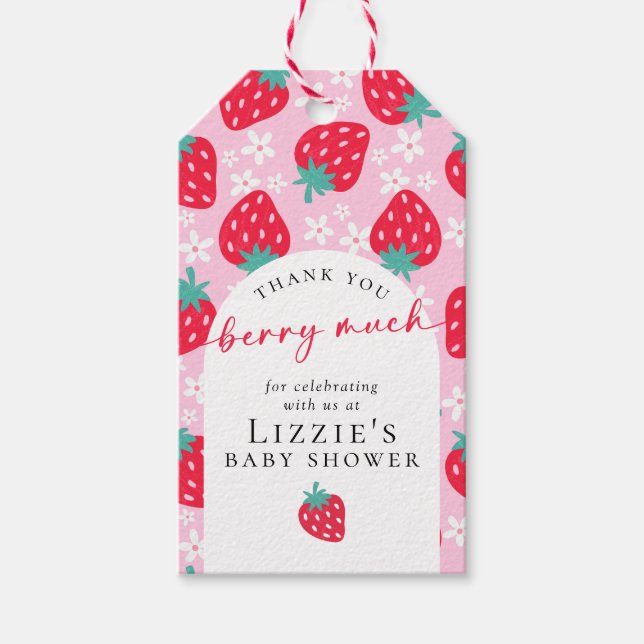 Tack Berry Mycket Strawberry Baby Shower Presentetikett (Framsidan)