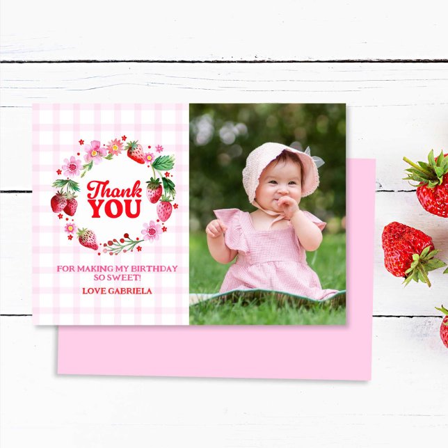 Tack Berry Sweet Strawberry Birthday Photo Kort (Thank You Berry Sweet Strawberry Birthday Photo)