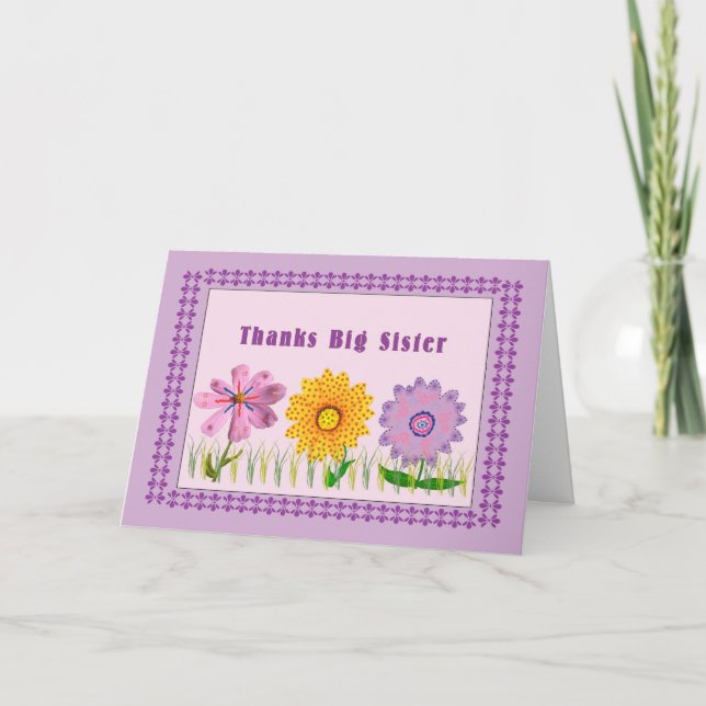 Tack, Big Sister, handmålade blommor Tack Kort (Framsida)