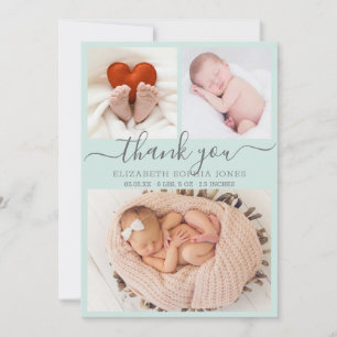 Tack Birth Announcement Aqua Photo Collage Meddelande
