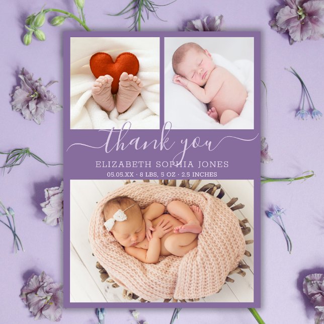 Tack Birth Announcement Lila Photo Collage Meddelande (Skapare uppladdad)