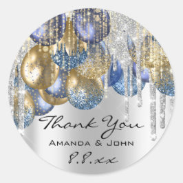 Tack, BirthdaWedding Ballon Blue Navy DripSilver Runt Klistermärke