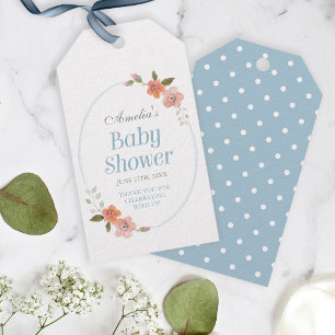 Tack Blå Bebis Babyshower med Ömtålig Blomma Presentetikett