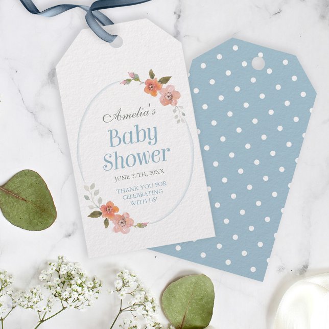Tack Blå Bebis Babyshower med Ömtålig Blomma Presentetikett (Skapare uppladdad)