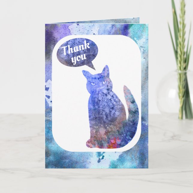 Tack, blå och vit vattenfärg för katt tack kort (Framsida)
