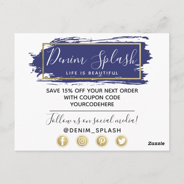 Tack blå penseldrag & modern guldgeometri vykort (Baksida)