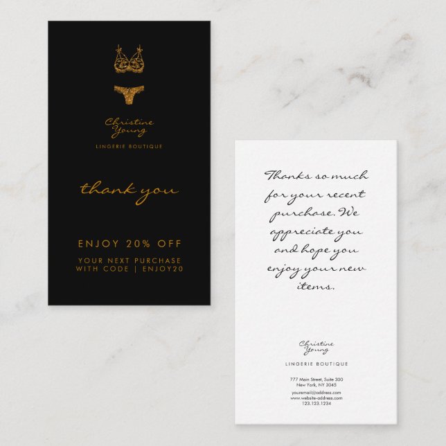 Tack Black Guld Glitter Lingerie Boutique Dis Rabattkort (Fram/baksida)