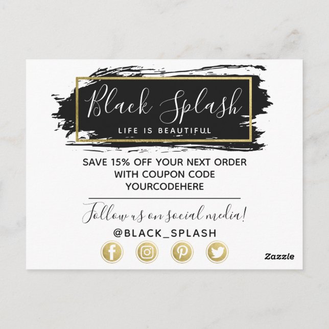 Tack Black Paint Stroke & Modern Guld Geo Vykort (Baksida)