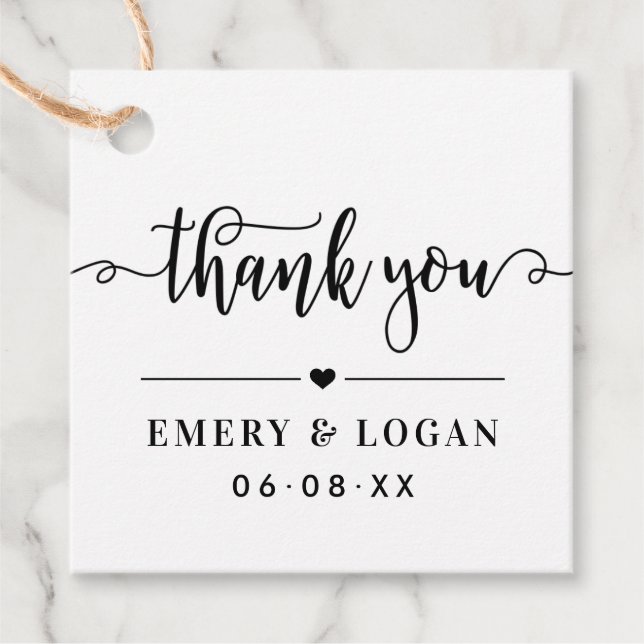 Tack Black Script Bröllop Monogram Gåvor Etiketter (Framsida)