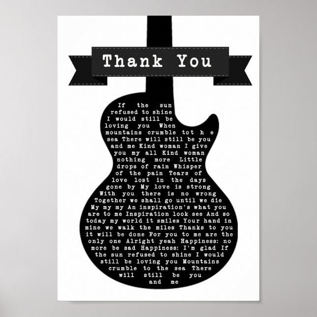 Tack Black & White Guitar Sång Lyric Skriv ut Poster (Framsidan)