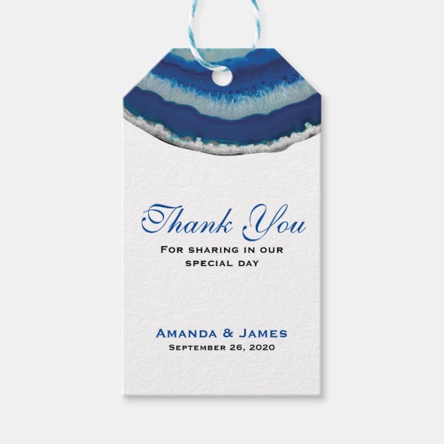 Tack | Blått Bröllop Agate Presentetikett (Framsidan)