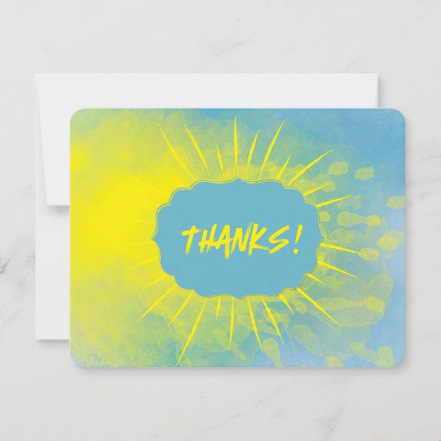 TACK! Blått för handritad vattenfärg Sol Rays Gult Tack Kort (Framsida)