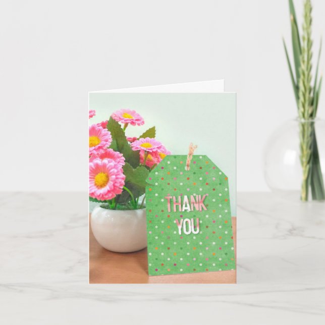 Tack, blomkruka med märkre med polka punkt tack kort (Framsida)