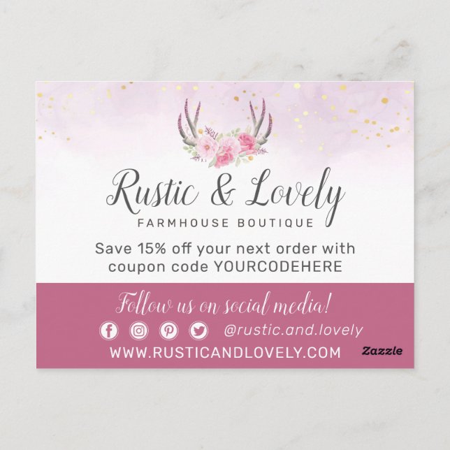 Tack Blommigt Antlers  Rosa & Guld Marble Vykort (Baksida)