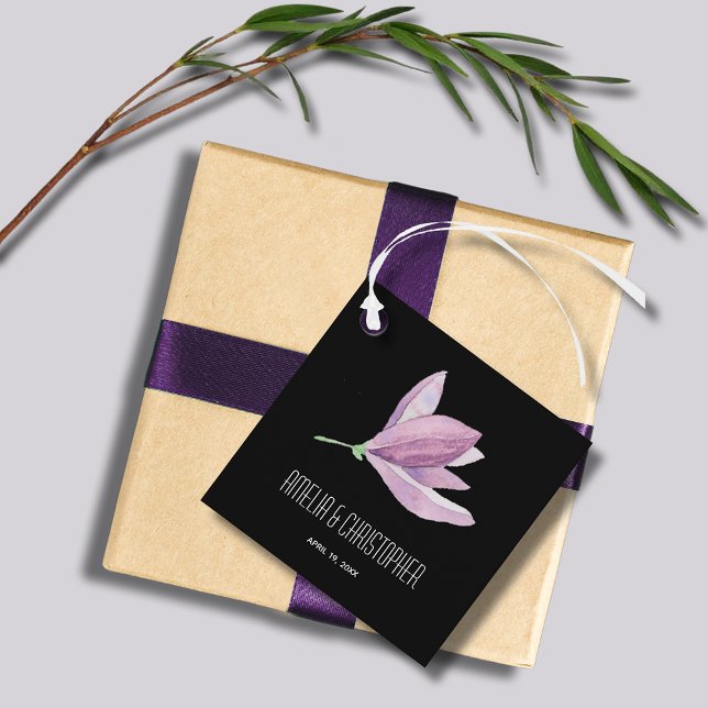 Tack Blommigt Gåvor Etiketter (Purple Magnolia Floral Watercolor Square Wedding Favor Tags)