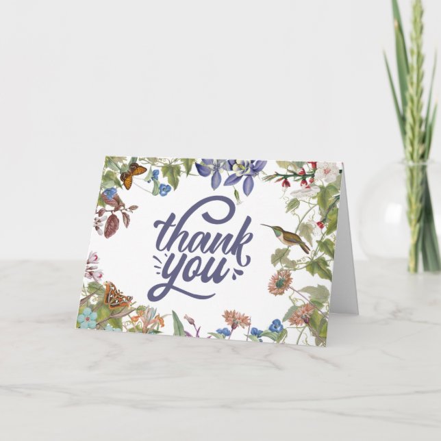 Tack Blommigt Hummingbird & Butterfly Card Kort (Framsida)