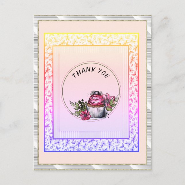 Tack Blommigt Rosa Helgdag Cake Vykort (Framsida)