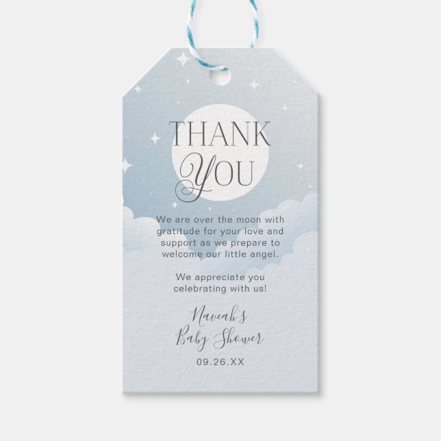 Tack Blue Clouds Måne Stars Baby Shower Favoriter Presentetikett (Framsidan)