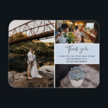 Tack Blue Photo Collage Bröllop Magnet<br><div class="desc">Blå och svart tack som du utformar i bröllop tack vare att du har tre av dina favoritfoton i bröllop. Visa din familj och dina vänner din uppskattning för att du är en del av din bröllop firande med en av dessa vackra keepsakes. Anpassa med ditt kort-meddelande och namn. Kontakta...</div>