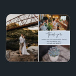 Tack Blue Photo Collage Bröllop Magnet<br><div class="desc">Blå och svart tack som du utformar i bröllop tack vare att du har tre av dina favoritfoton i bröllop. Visa din familj och dina vänner din uppskattning för att du är en del av din bröllop firande med en av dessa vackra keepsakes. Anpassa med ditt kort-meddelande och namn. Kontakta...</div>