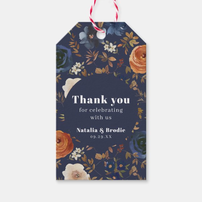 Tack Blue Rust Bröllop Presentetikett (Framsidan)