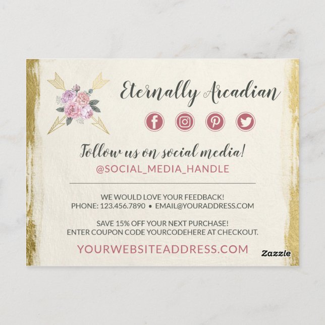 Tack Bohemian Blommigt Pilar  Guld Vykort (Baksida)