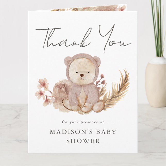 Tack Boho Botanical Sweet Bear Baby Shower Kort (Framsida)
