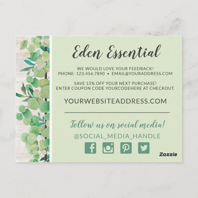 Tack Botaniska grönmannen Eucalyptus & Wood Vykort (Baksida)