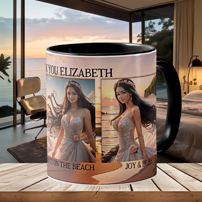 Tack Bridesmaid Photo Beach Wedding Kaffemugg (Bridesmaid Thank You wedding favor mug featuring custom photos on a painting of the beach)