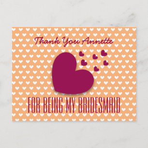 TACK Bridesmaid Red Hearts Coral Background 7 Vykort