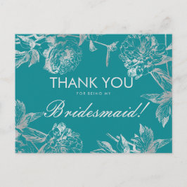 Tack Bridesmaid Silver Teal Simple Blommigt Vykort