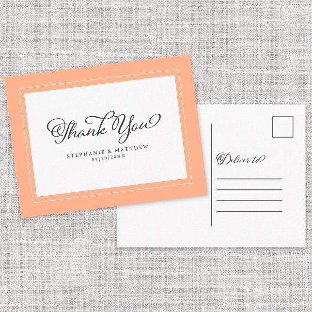 Tack Bröllop Modern Kalligrafi Chic Fersken Vykort (Skapare uppladdad)