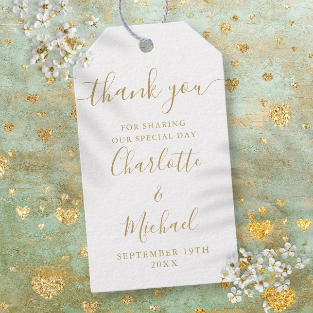 Tack Bröllopa för Guld-skript i elegant Presentetikett (Elegant Gold Script Thank You Wedding Favor Gift Tags)