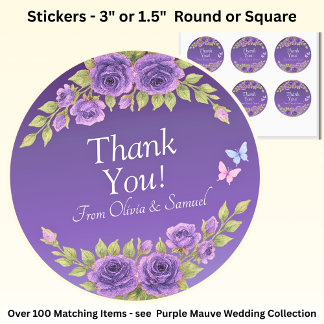 Tack! Brud, Brudgum Namn Lila Mauve Blommor Runt Klistermärke