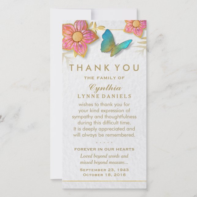 Tack Butterfly Blommigt White Guld Sympathy Kort (Framsida)