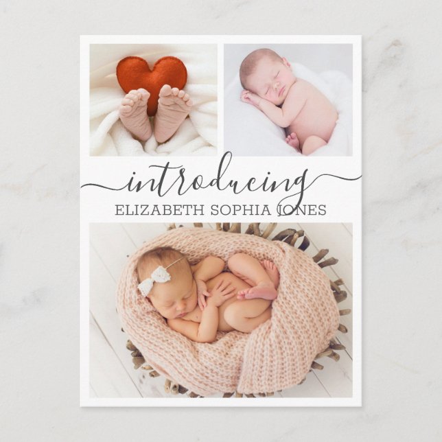 Tack Calligraphy 3 Photo Collage Birth Meddelande Vykort (Framsida)