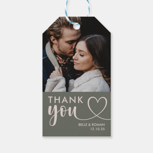 Tack Calligraphy Grönt Photo Bröllop Presentetikett (Framsidan)