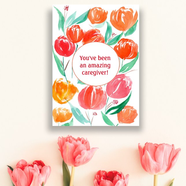 Tack Caregiver Watercolor Tulips Card Kort (Express gratitude with tulip-adorned card. Perfect for caregivers, nurses, and volunteers.)