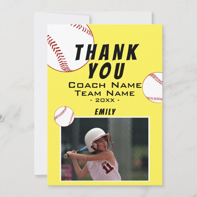 Tack, Coach Gult Softball Photo Card Tack Kort (Framsida)