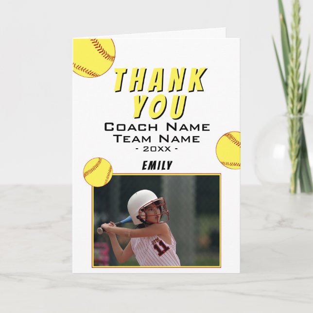 Tack, Coach Gult Softball Photo Card Tack Kort (Framsida)