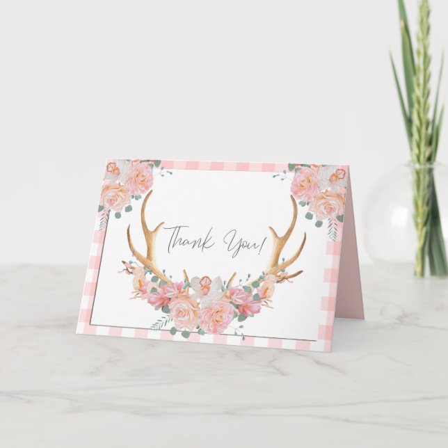 Tack | Coral Gingham BOHO Blommigt Antlers Kort (Framsida)
