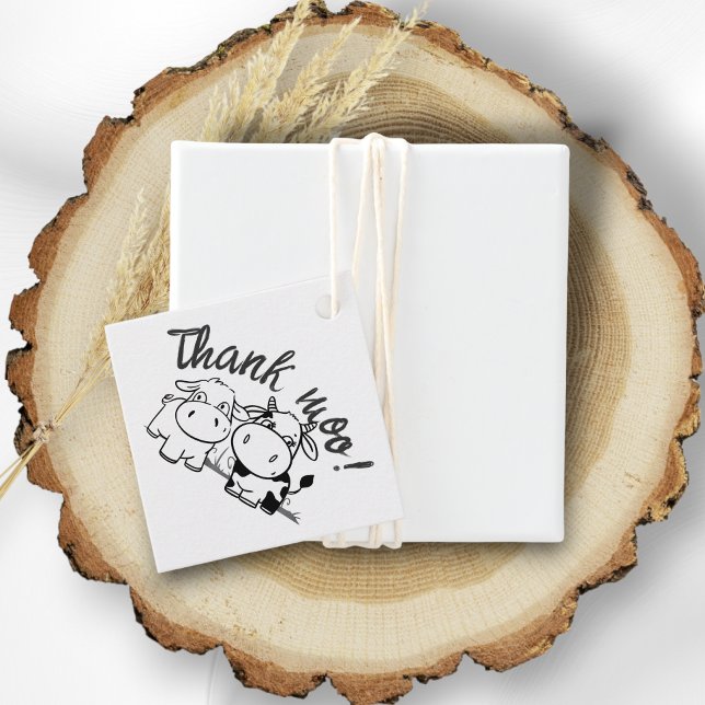 Tack Cow Thned Bröllop Gåvor Etiketter (Thank You Cow Themed Wedding Favor Tags from Ricaso. Cartoon cow couple, Personalized text to back)