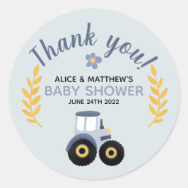 Tack Cute Blue Farm Tractor Baby Shower Runt Klistermärke