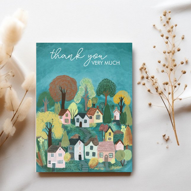 TACK Cute Country Village Illustration Vykort (THANK YOU Card Cute Country Village Illustration Postcard
)