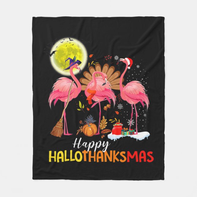 Tack, Cute Flamingo HalloThanksmas Happy halloween Fleecefilt (Framsidan)