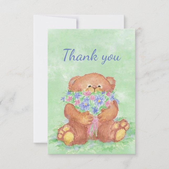Tack Cute Nalle Holding Flower Bouquet Kort (Framsida)