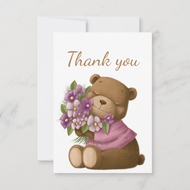Tack Cute Nalle Lila Flower Bouquet Kort (Framsida)