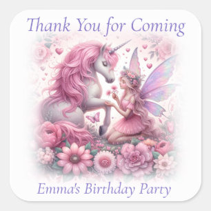Tack Cute Söt Rosa Fairy och Unicorn Fyrkantigt Klistermärke